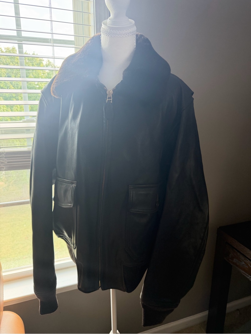 Men's Brown Leather Bomber Jacket with Shearling Collar